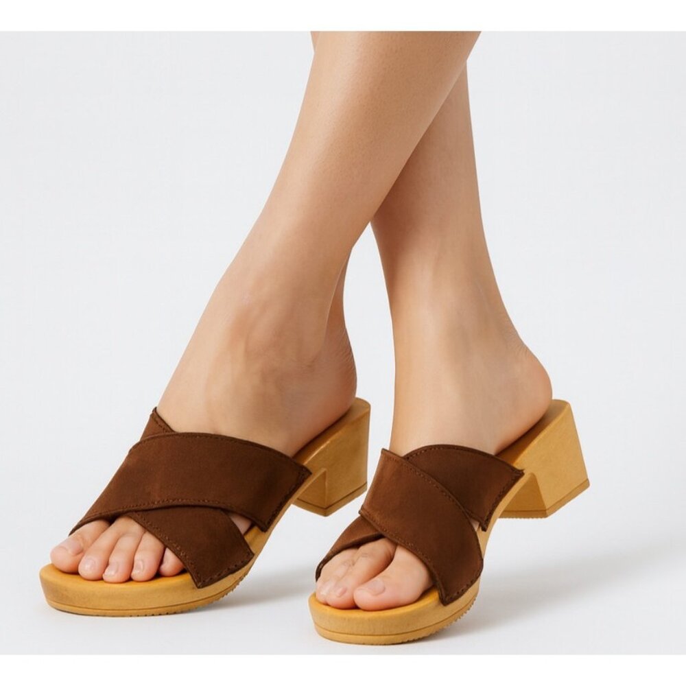 Romano Italy Women Brown Leather Open Toe Block Heel Slide Sandal Size 37 / US 6